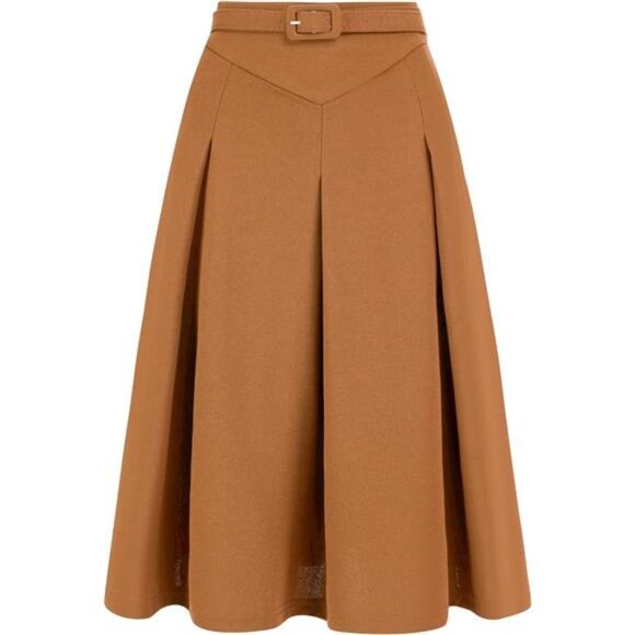 Women's Skirt Belted Waist Midi A-Line Pleated Skirt Brown